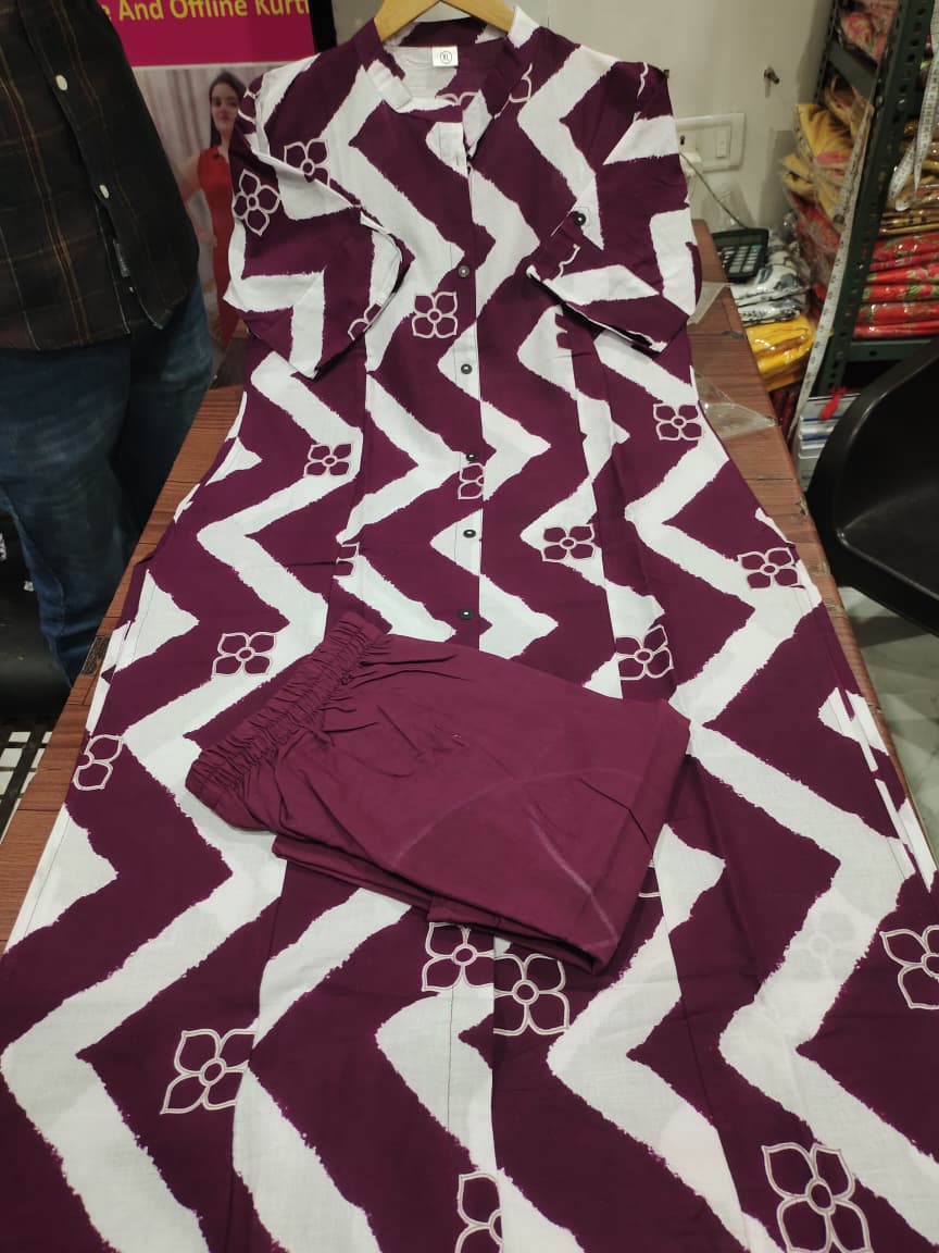 Plum Rhythm Zigzag Cotton Kurti Pant Set