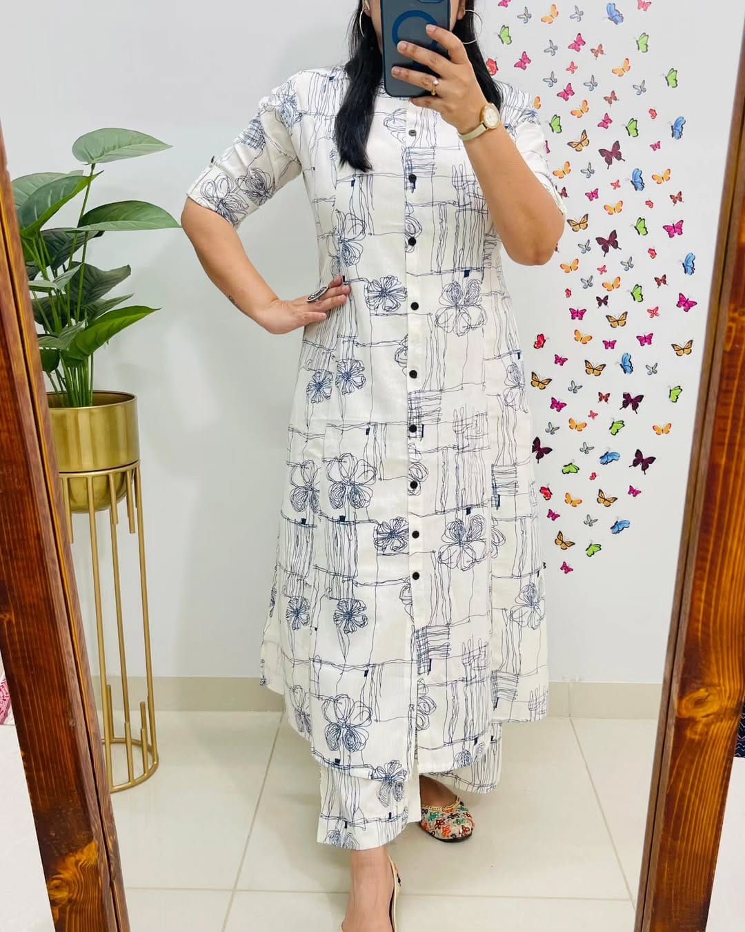 Blue Sketch Floral Cotton Kurti Pant Set