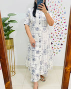 Blue Sketch Floral Cotton Kurti Pant Set