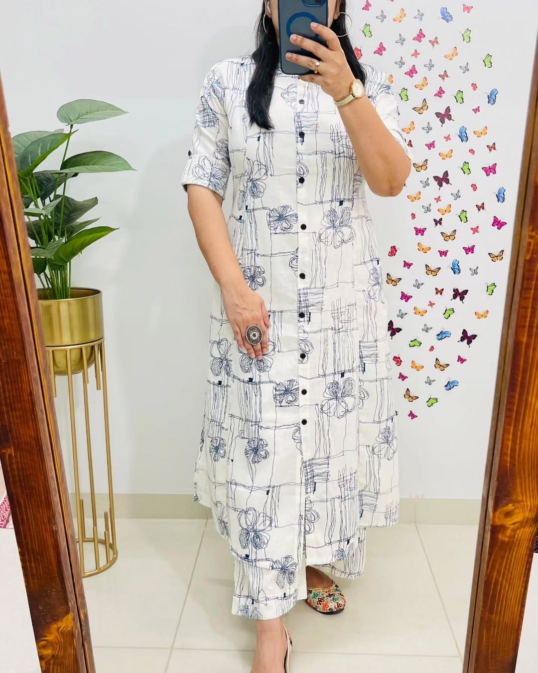 Blue Sketch Floral Cotton Kurti Pant Set