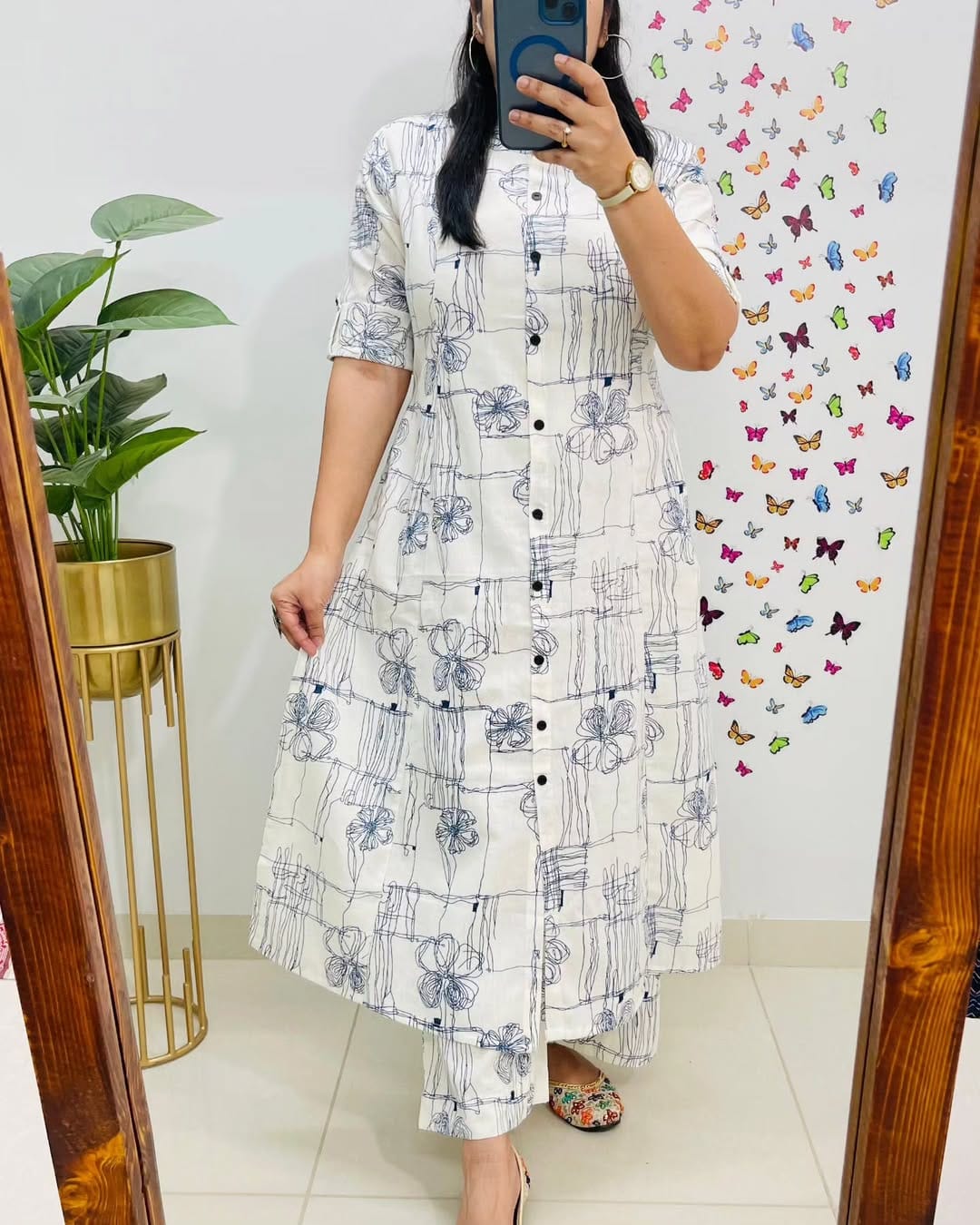 Blue Sketch Floral Cotton Kurti Pant Set