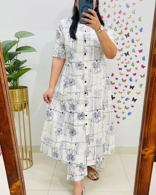 Blue Sketch Floral Cotton Kurti Pant Set