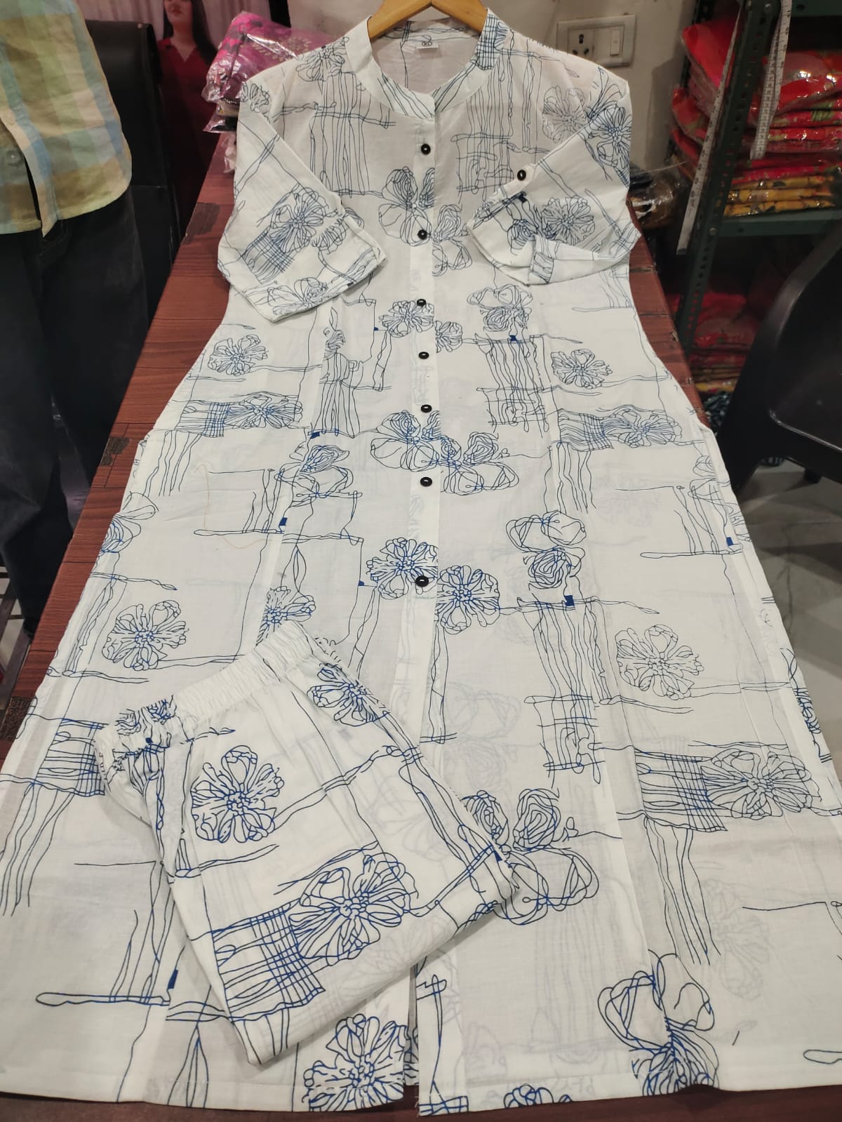 Blue Sketch Floral Cotton Kurti Pant Set