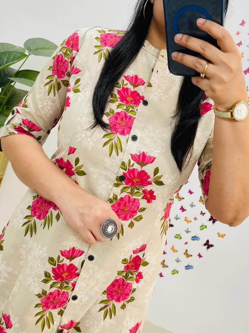 Sardar Cream Floral Cotton Kurti Pant Set