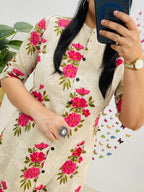 Sardar Cream Floral Cotton Kurti Pant Set