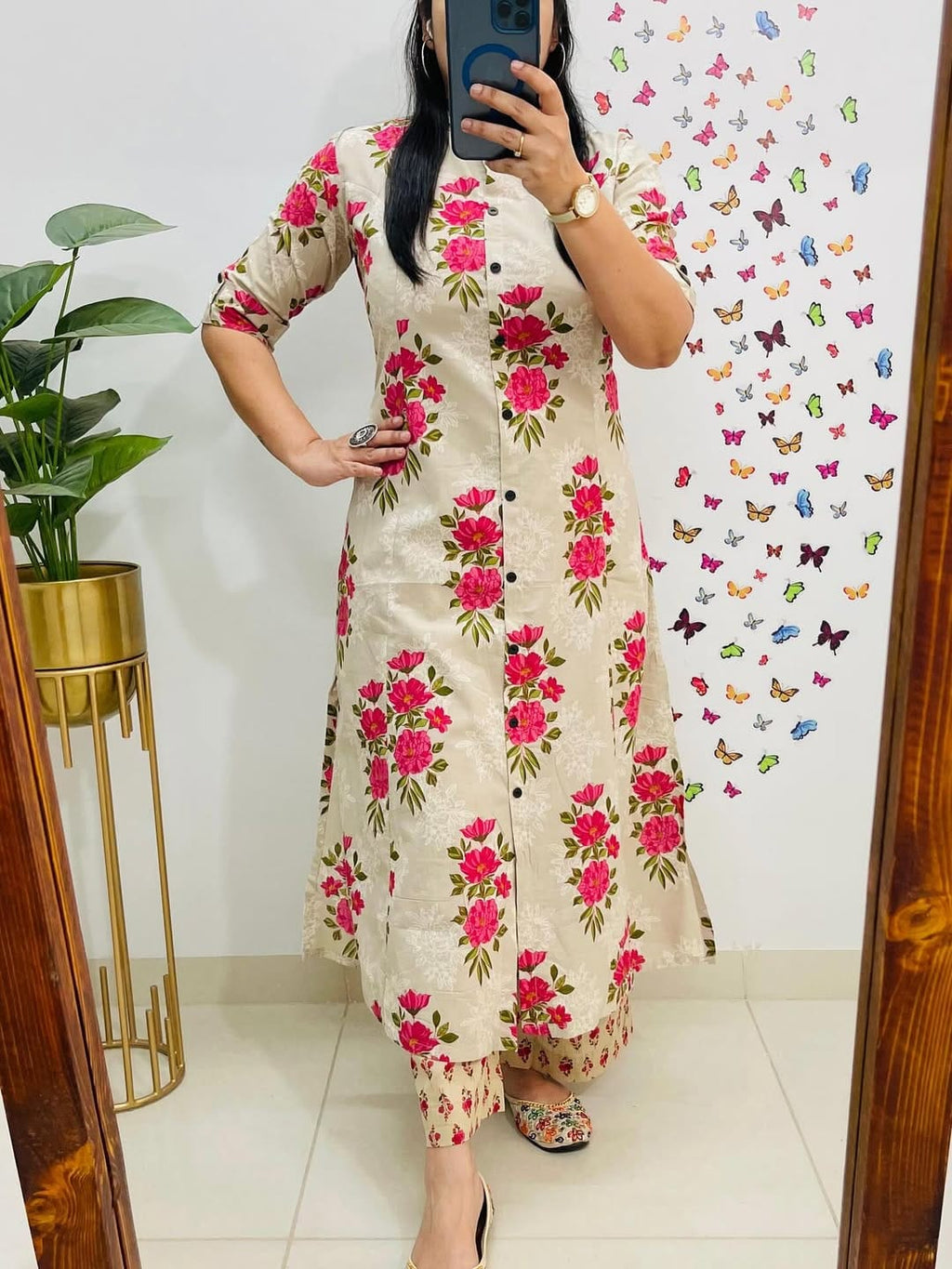 Sardar Cream Floral Cotton Kurti Pant Set