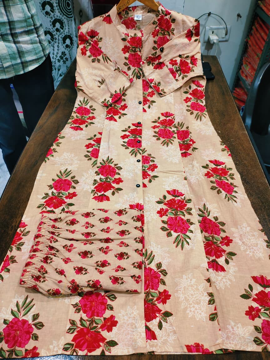 Sardar Cream Floral Cotton Kurti Pant Set