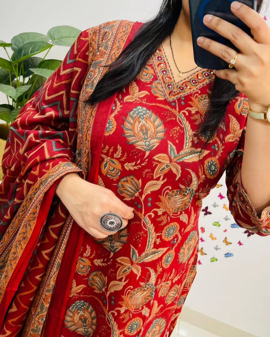 Salim Red Sequin Embellished Cotton Kurti Pant Set