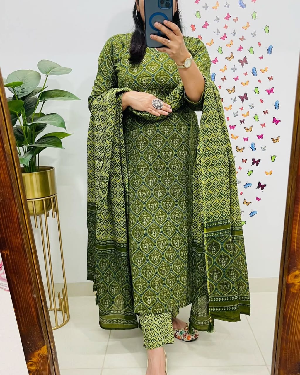 Salim Green Handcrafted Floral Cotton Kurti Set with Dupatta