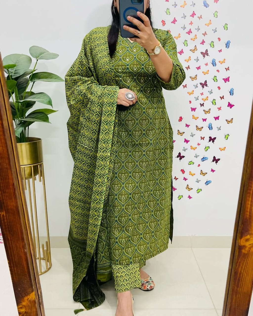 Salim Green Handcrafted Floral Cotton Kurti Set with Dupatta