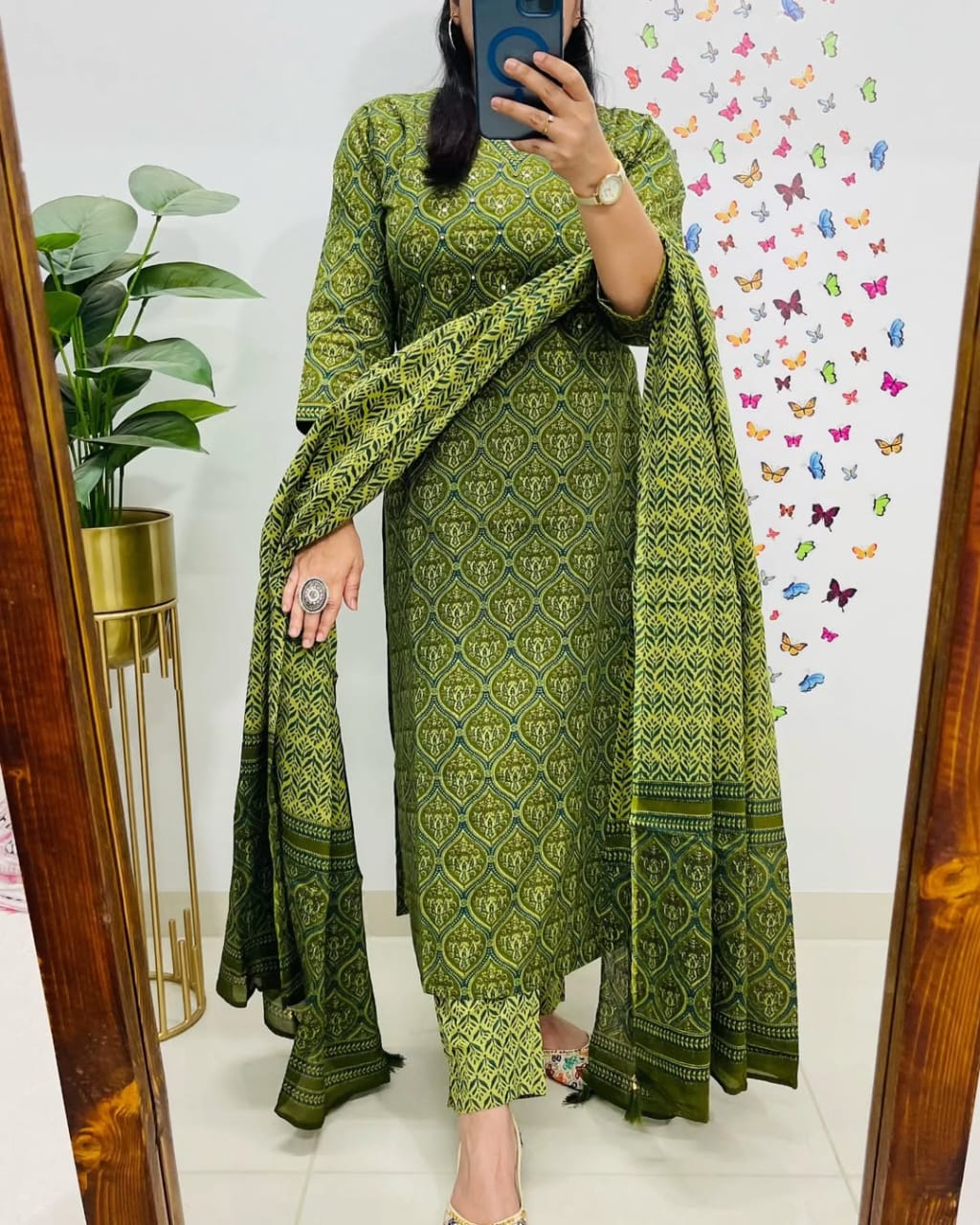 Salim Green Handcrafted Floral Cotton Kurti Set with Dupatta