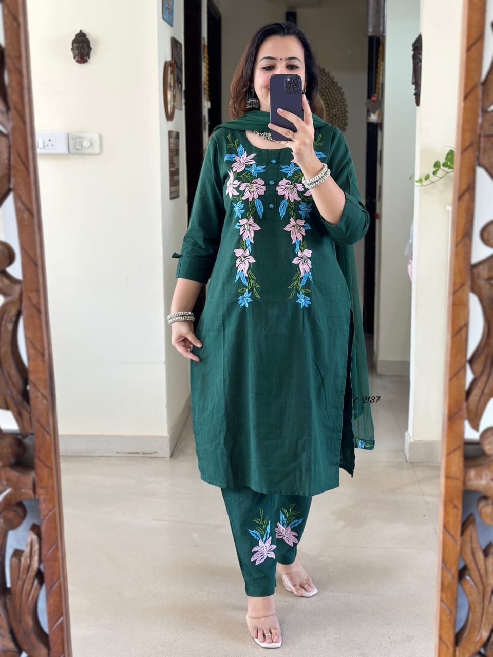 Olive Grace Cotton Slub Embroidered Suit Set