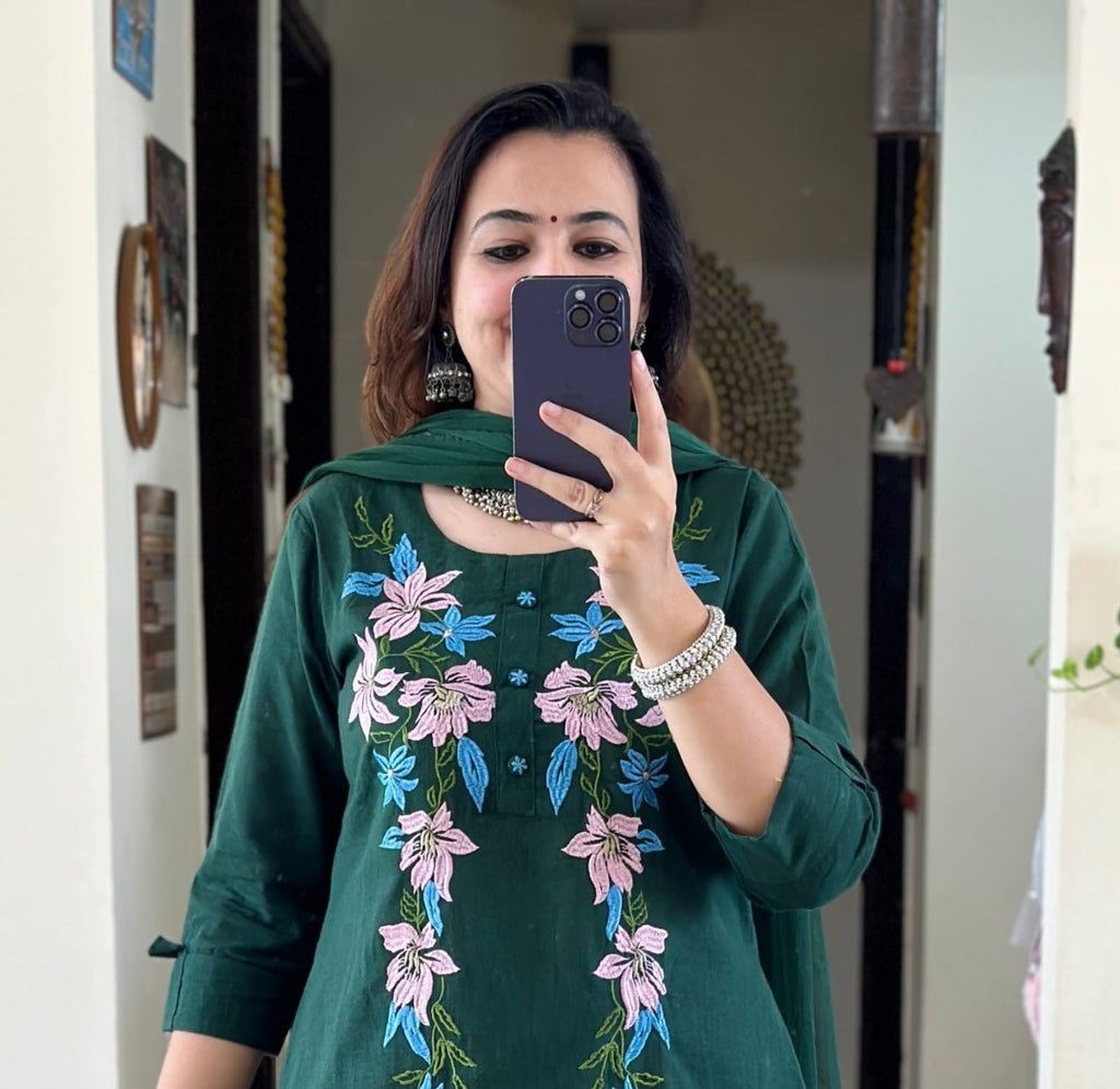 Olive Grace Cotton Slub Embroidered Suit Set