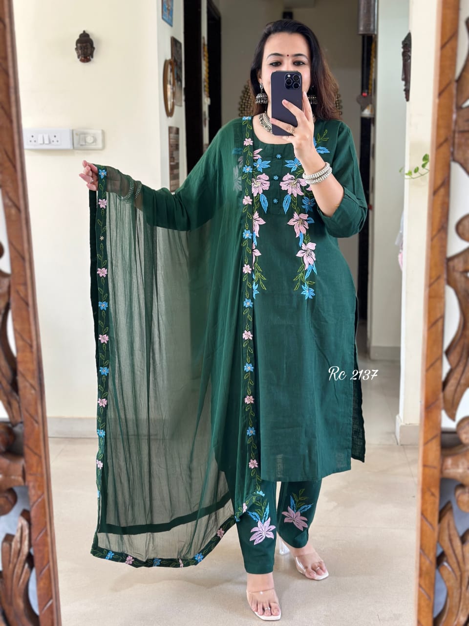 Olive Grace Cotton Slub Embroidered Suit Set