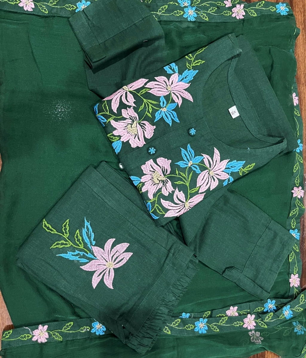 Olive Grace Cotton Slub Embroidered Suit Set