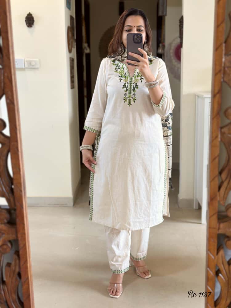 Ivory Aura Handloom Embroidered Cotton Flex Suit Set