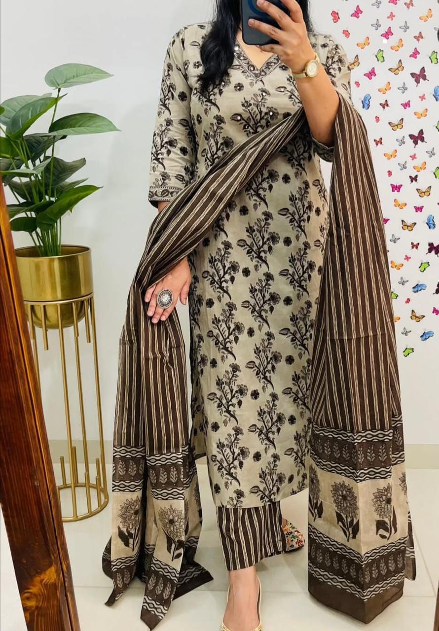 Panchalu Ivory Adda Embroidered Cotton Suit Set