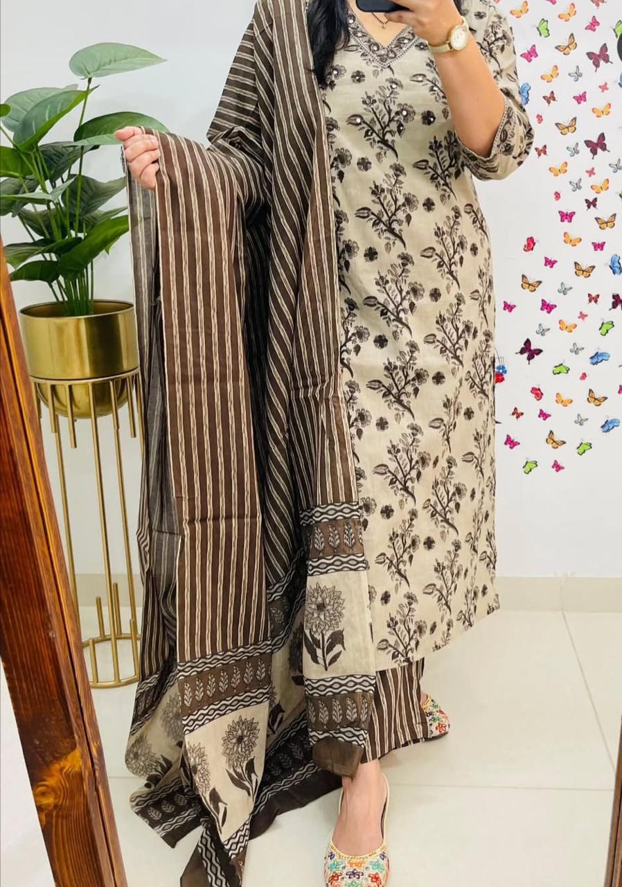 Panchalu Ivory Adda Embroidered Cotton Suit Set