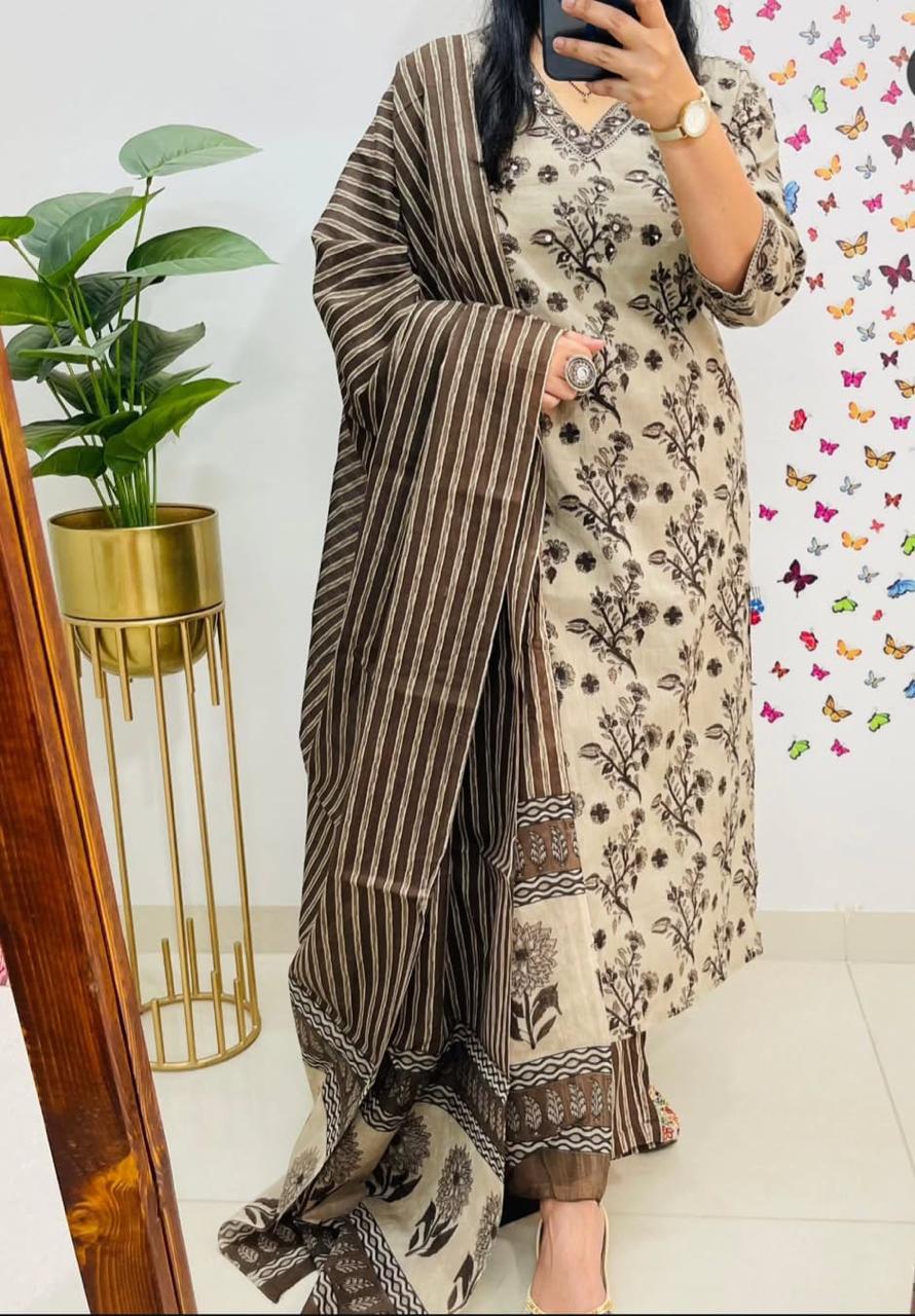 Panchalu Ivory Adda Embroidered Cotton Suit Set