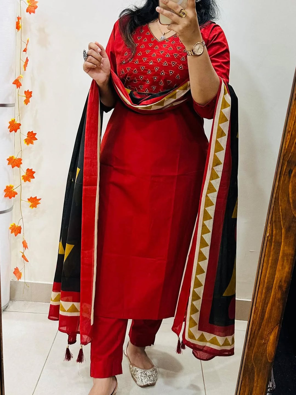 Ruby Mirror Work Cotton Kurti Set