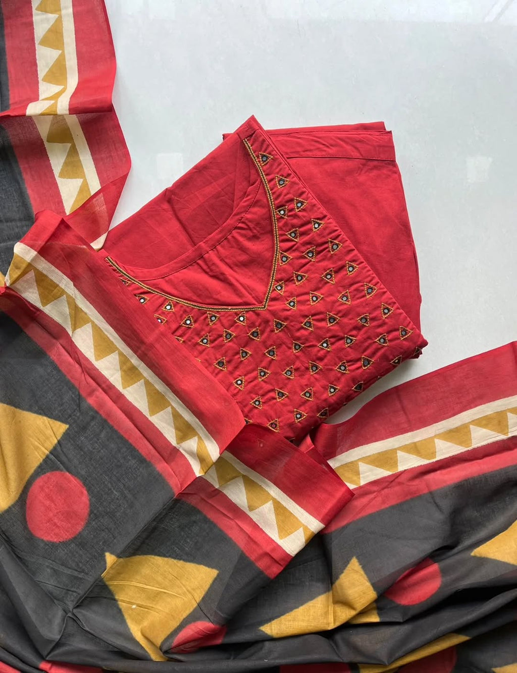 Ruby Mirror Work Cotton Kurti Set