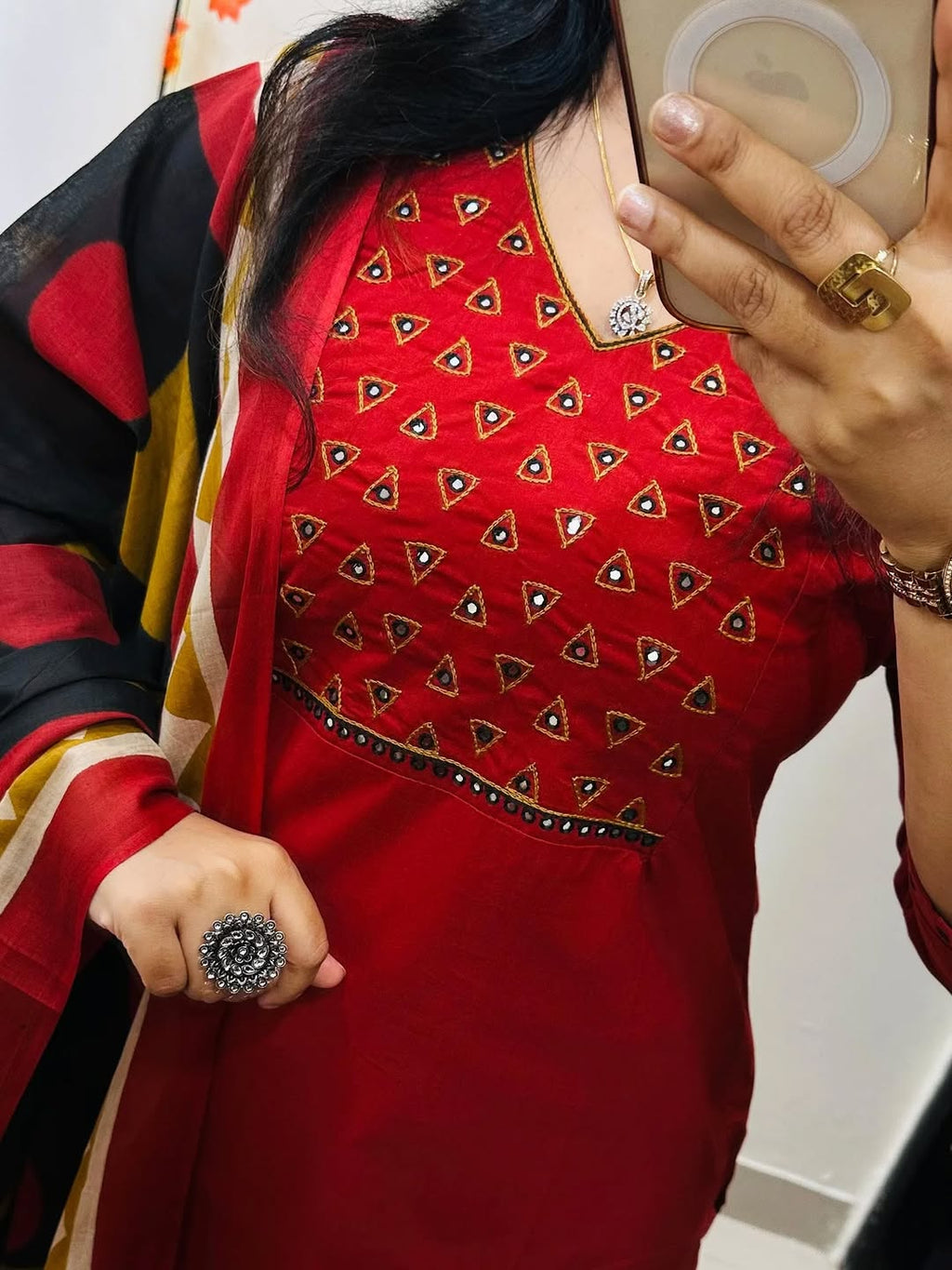 Ruby Mirror Work Cotton Kurti Set