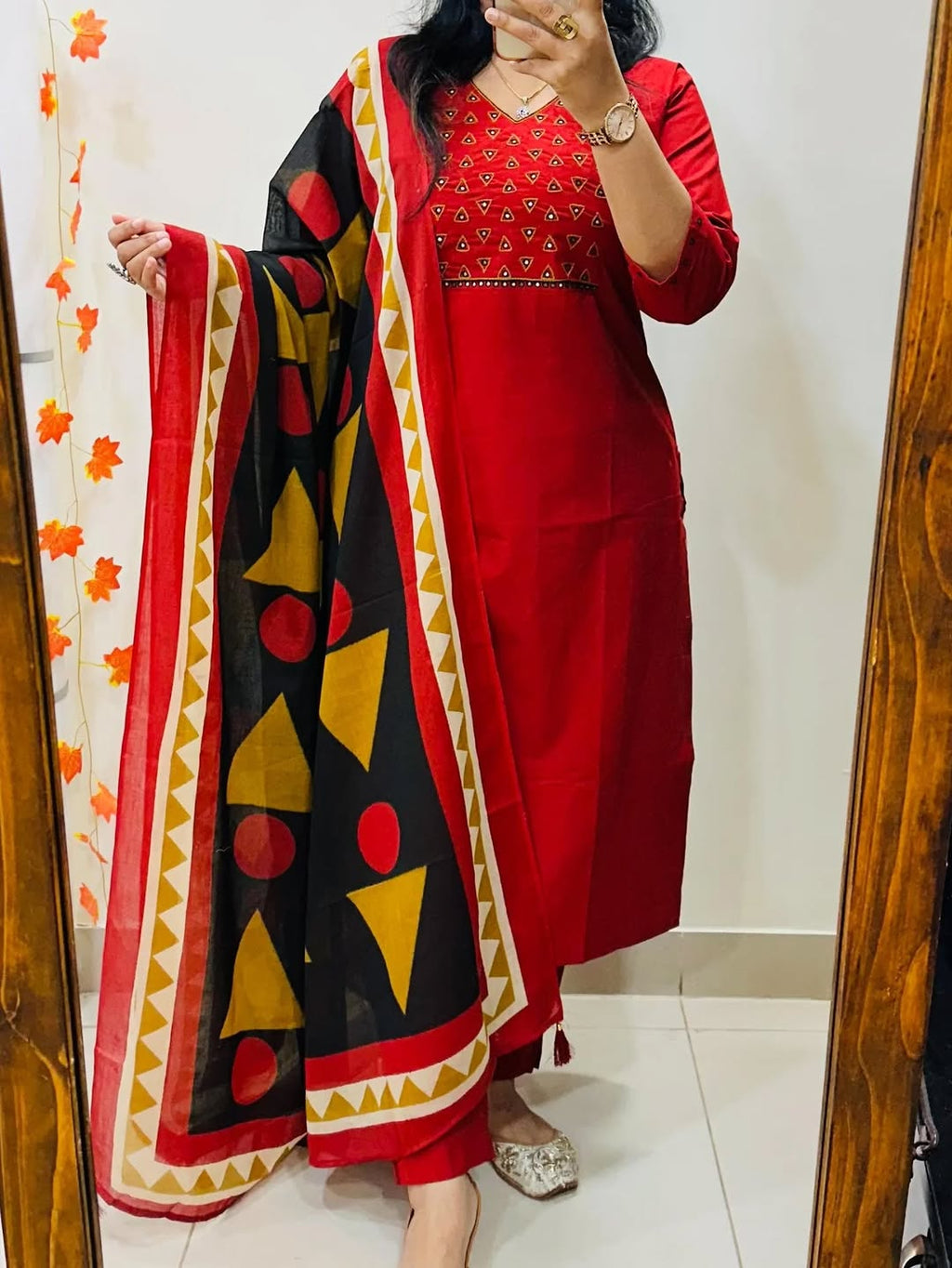 Ruby Mirror Work Cotton Kurti Set