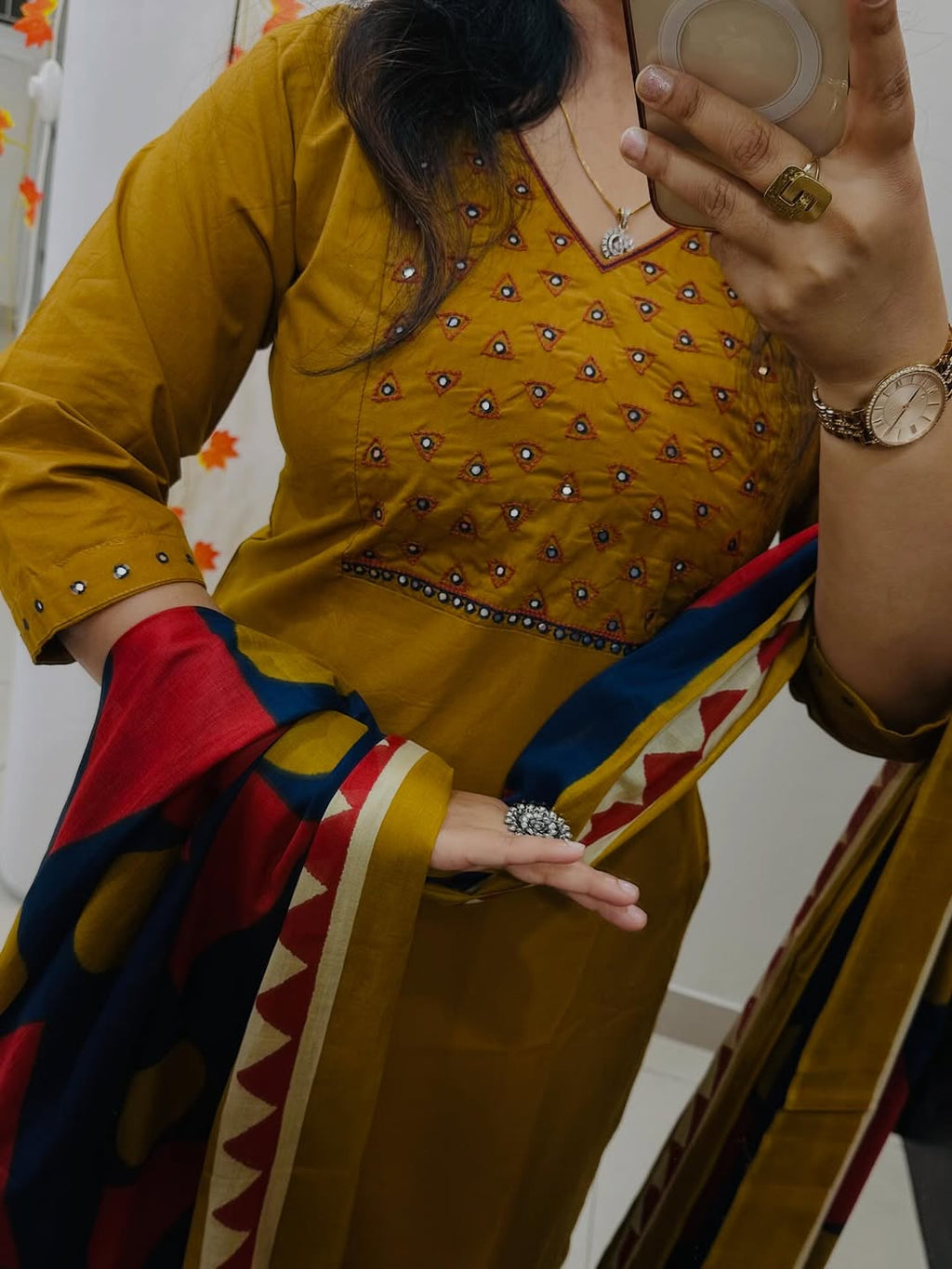 Mustard Yellow Embroidered Anarkali Set with Geometric Print Dupatta