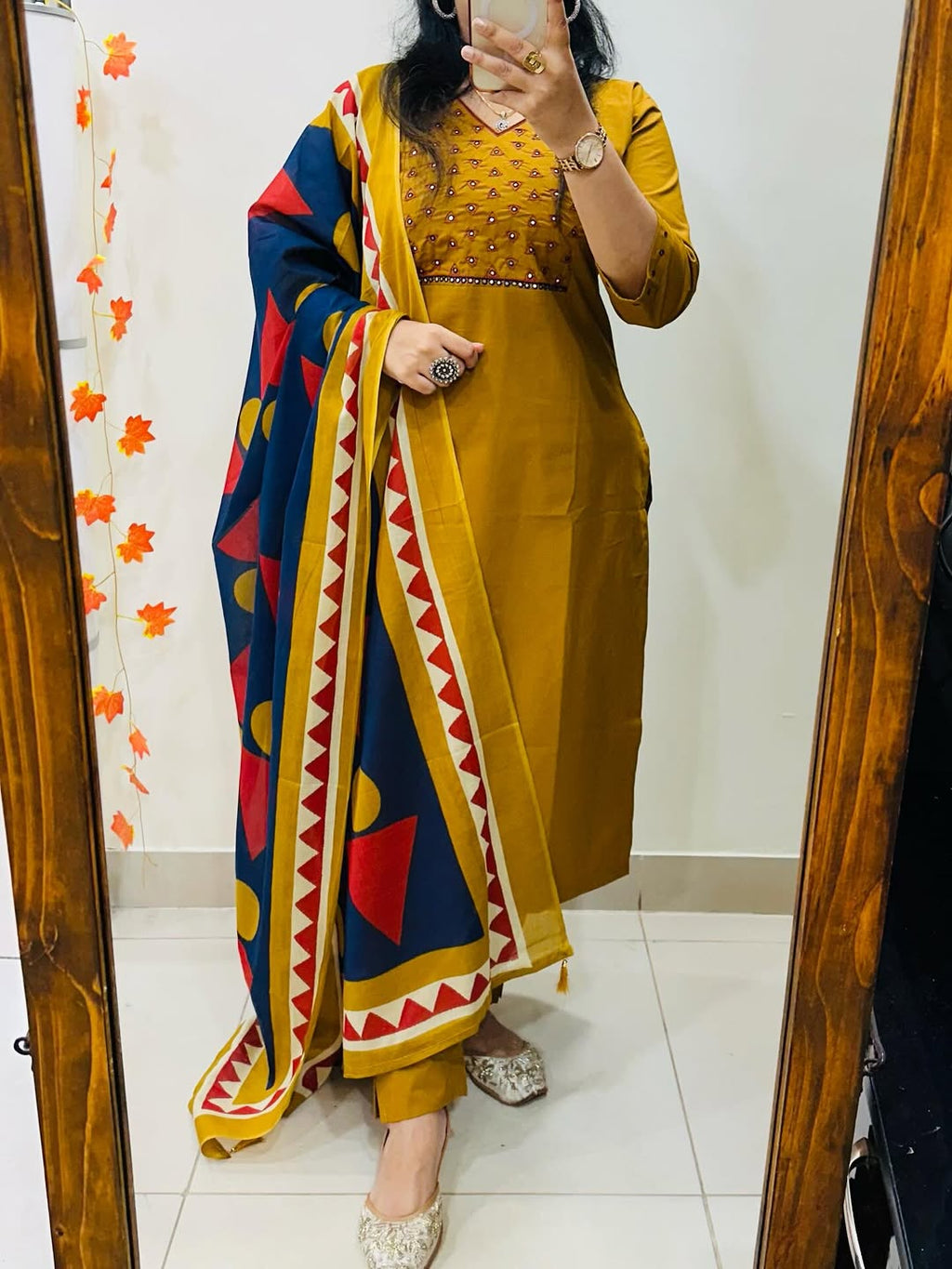 Mustard Yellow Embroidered Anarkali Set with Geometric Print Dupatta