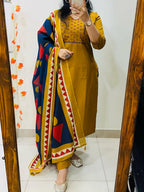 Mustard Yellow Embroidered Anarkali Set with Geometric Print Dupatta