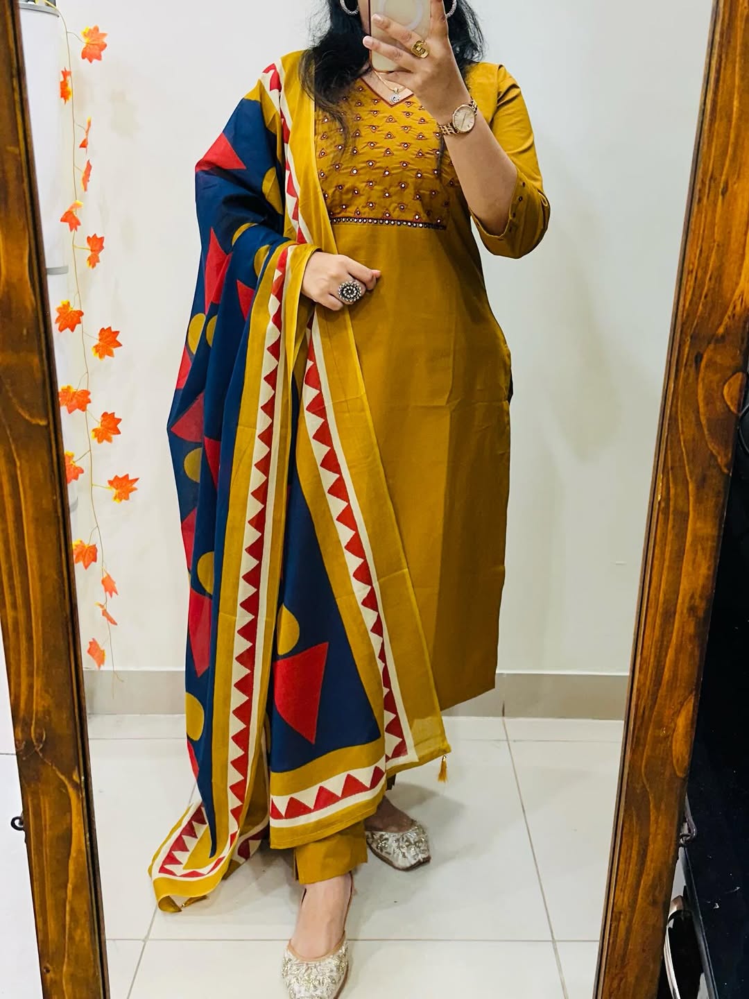 Mustard Yellow Embroidered Anarkali Set with Geometric Print Dupatta