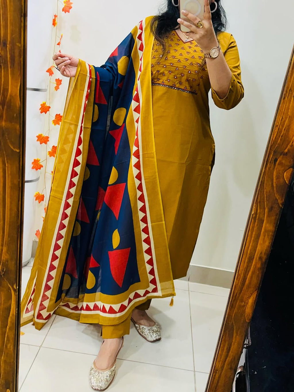 Mustard Yellow Embroidered Anarkali Set with Geometric Print Dupatta