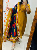 Mustard Yellow Embroidered Anarkali Set with Geometric Print Dupatta