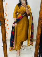 Mustard Yellow Embroidered Anarkali Set with Geometric Print Dupatta