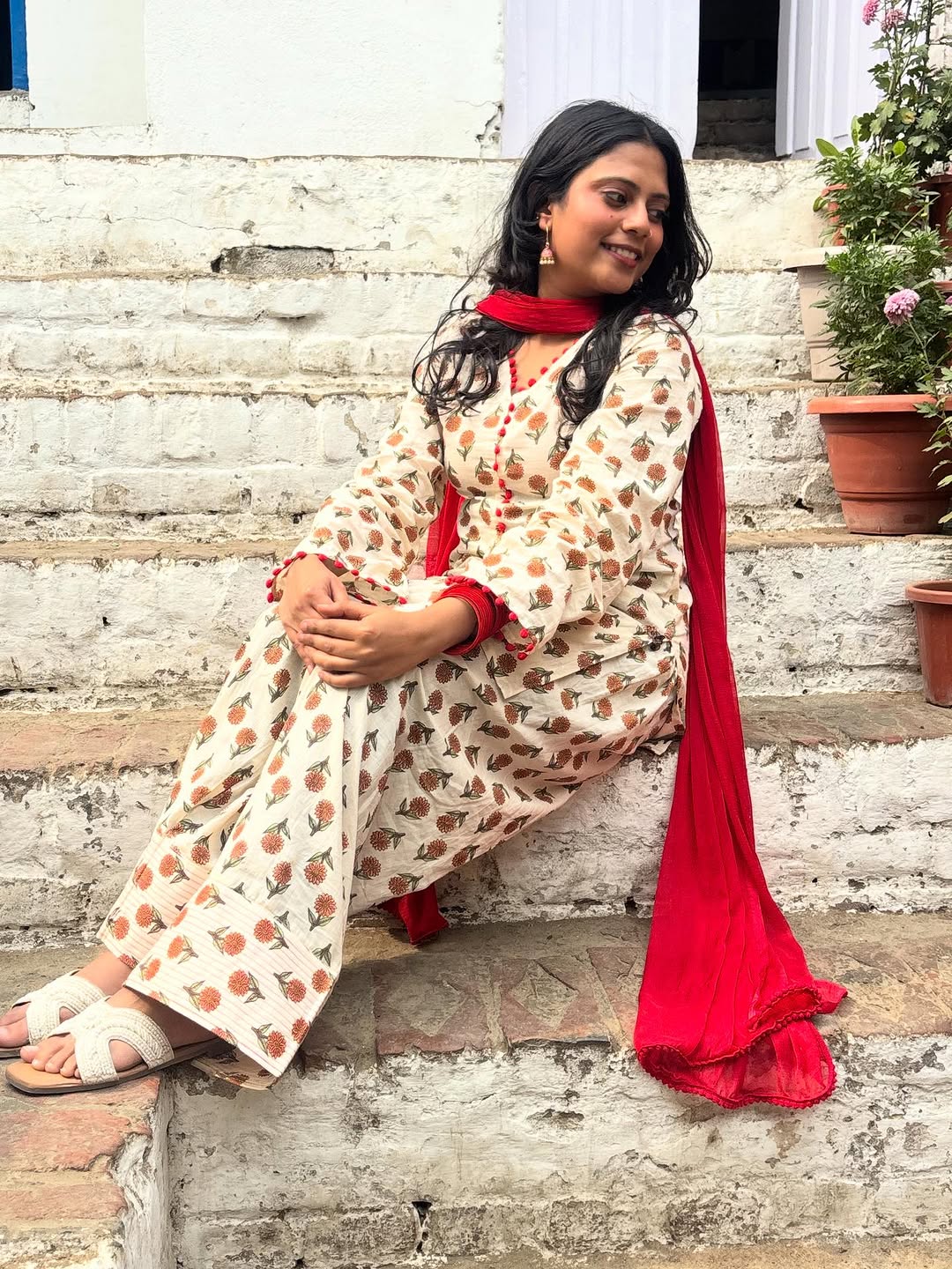 Elegant Bloom Cotton Kurta Palazzo Set with Najneen Dupatta