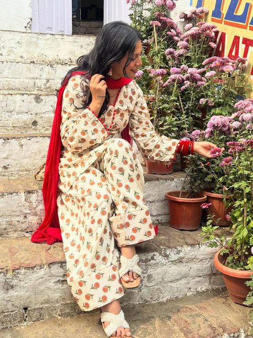 Elegant Bloom Cotton Kurta Palazzo Set with Najneen Dupatta