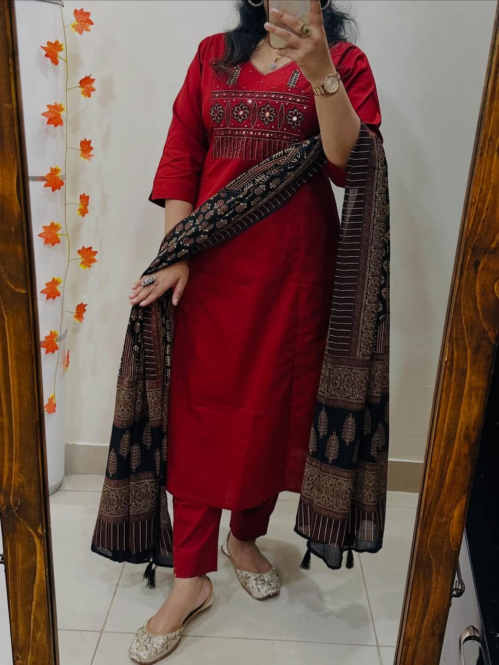Maroon Heavy Cotton Embroidered Kurta Pant Set with Printed Dupatta for Women