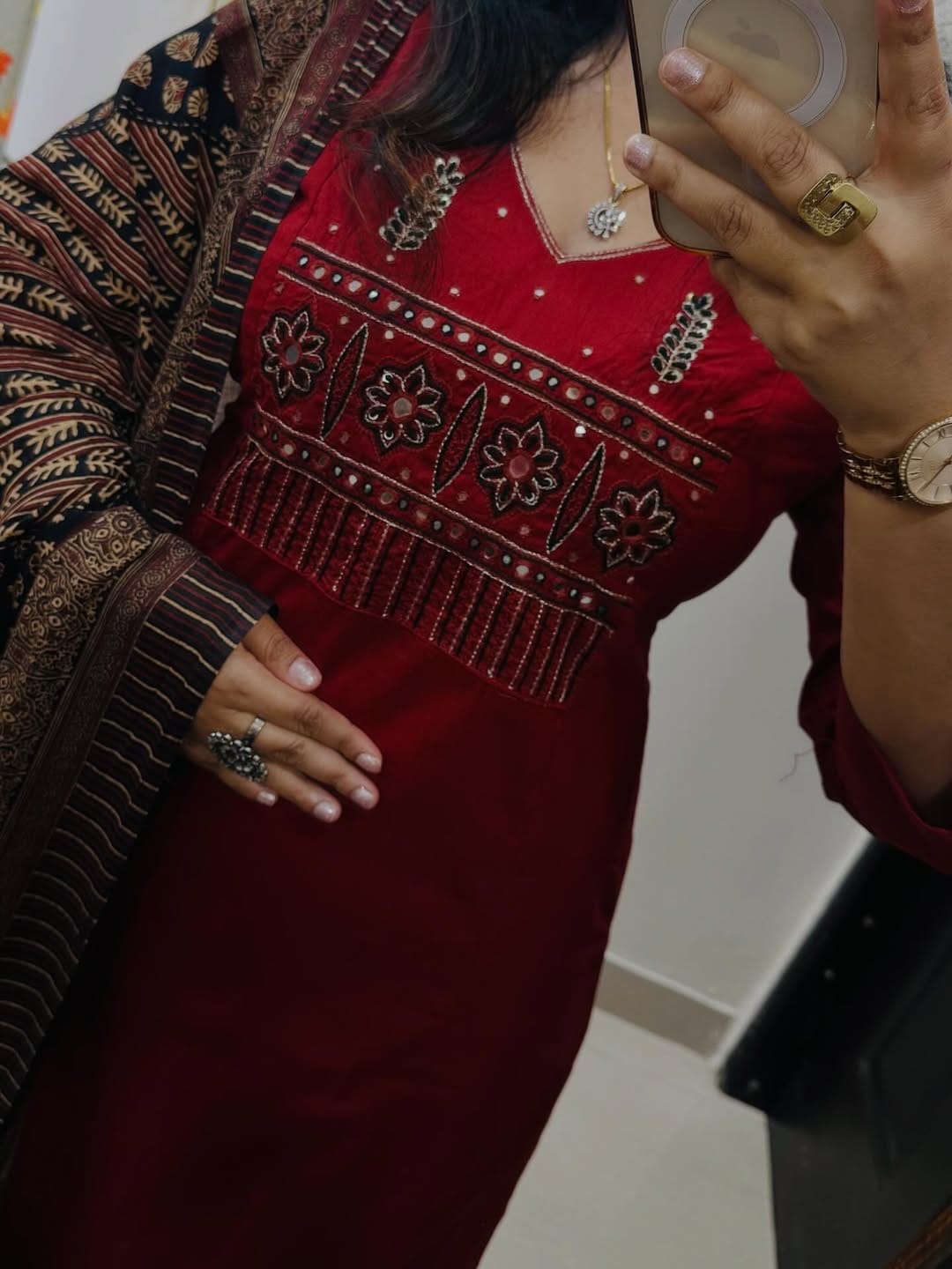 Maroon Heavy Cotton Embroidered Kurta Pant Set with Printed Dupatta for Women