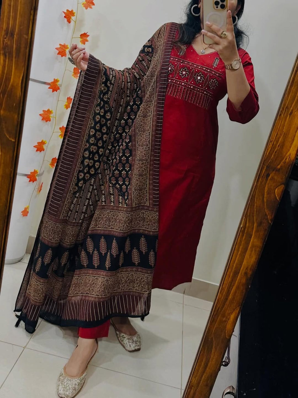 Maroon Heavy Cotton Embroidered Kurta Pant Set with Printed Dupatta for Women