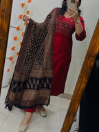 Maroon Heavy Cotton Embroidered Kurta Pant Set with Printed Dupatta for Women