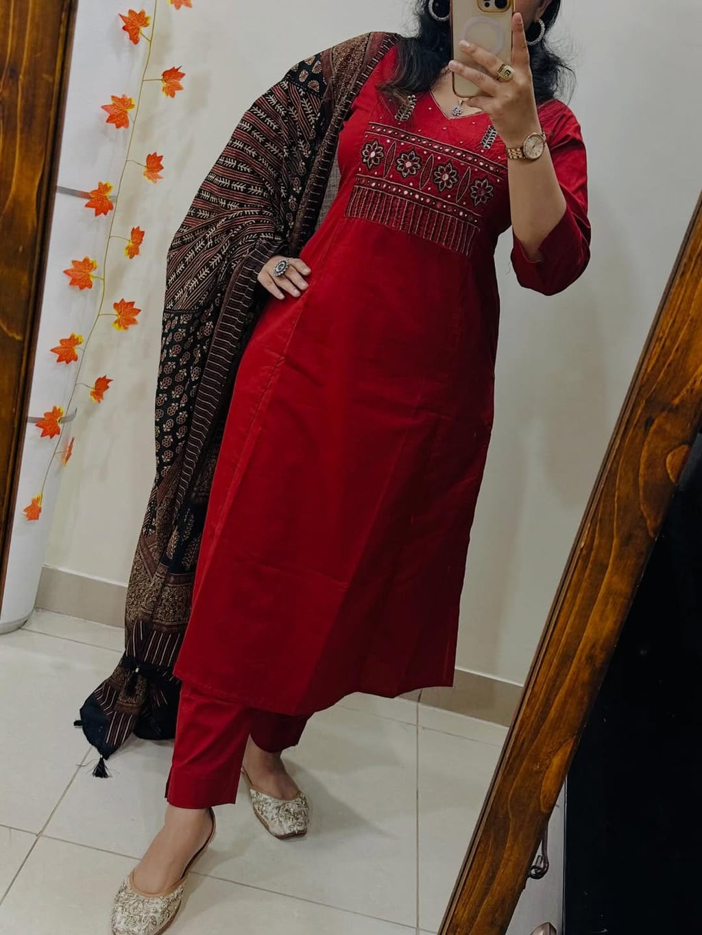 Maroon Heavy Cotton Embroidered Kurta Pant Set with Printed Dupatta for Women