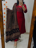 Maroon Heavy Cotton Embroidered Kurta Pant Set with Printed Dupatta for Women