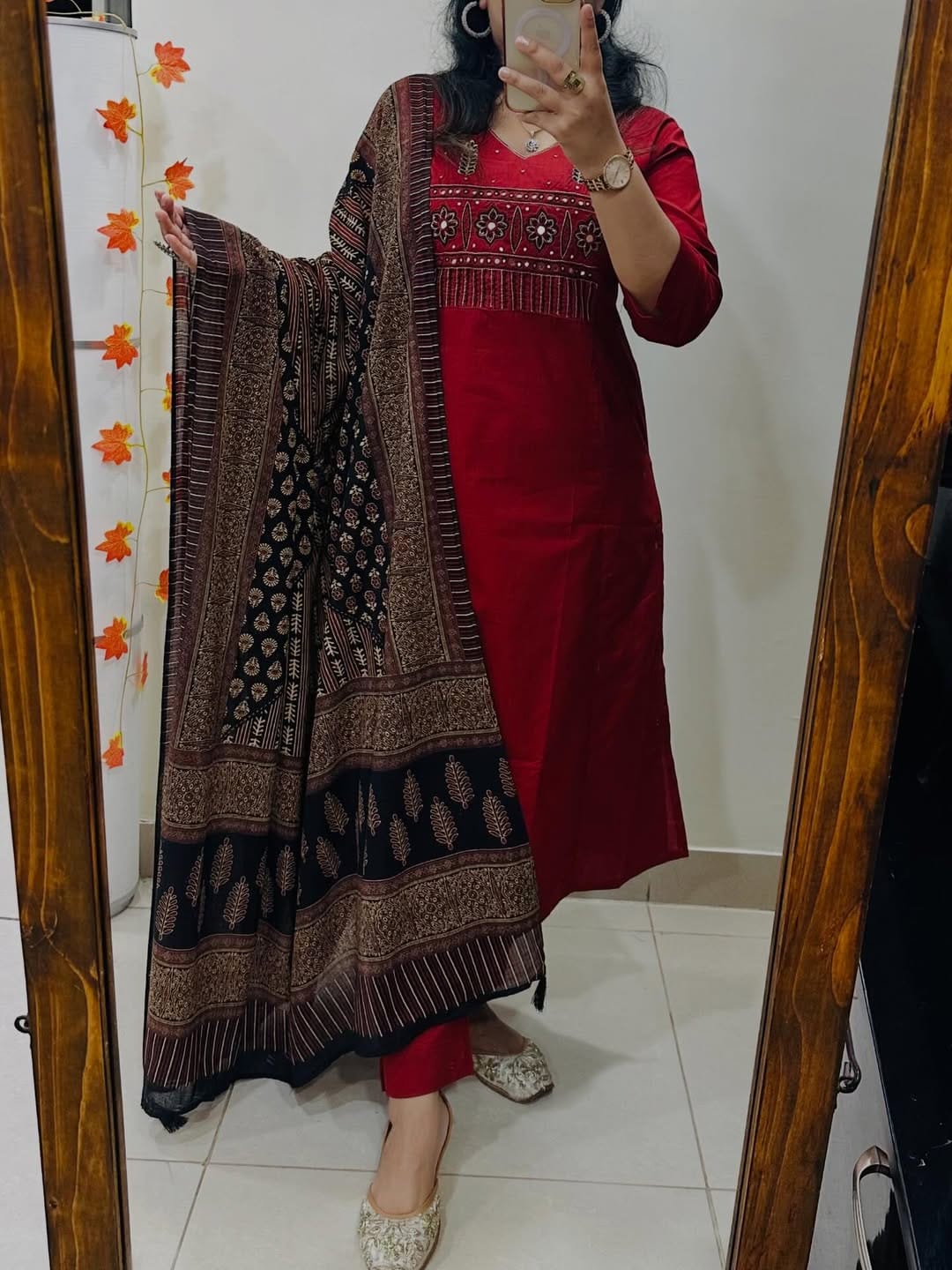 Maroon Heavy Cotton Embroidered Kurta Pant Set with Printed Dupatta for Women