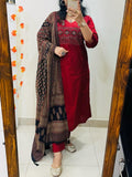 Maroon Heavy Cotton Embroidered Kurta Pant Set with Printed Dupatta for Women