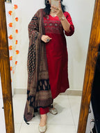 Maroon Heavy Cotton Embroidered Kurta Pant Set with Printed Dupatta for Women