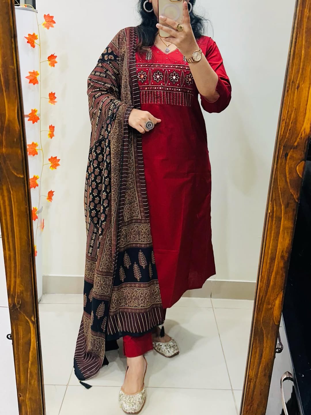 Maroon Heavy Cotton Embroidered Kurta Pant Set with Printed Dupatta for Women