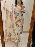 Pure Cotton Floral Printed Kurta Pant Set with Mulmul Dupatta for Women