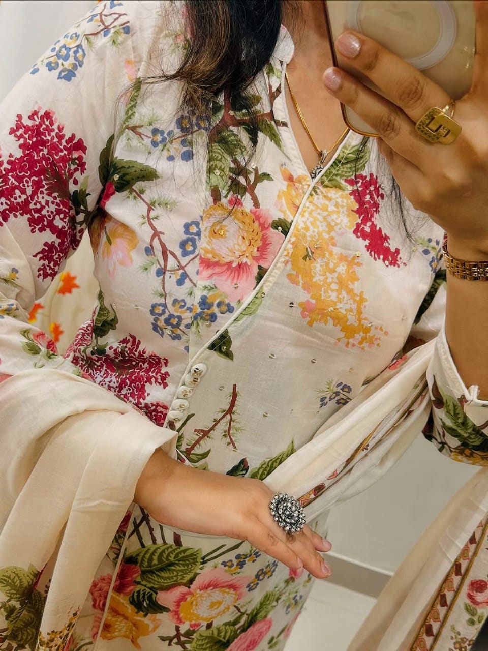 Pure Cotton Floral Printed Kurta Pant Set with Mulmul Dupatta for Women