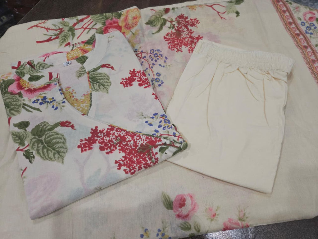 Pure Cotton Floral Printed Kurta Pant Set with Mulmul Dupatta for Women