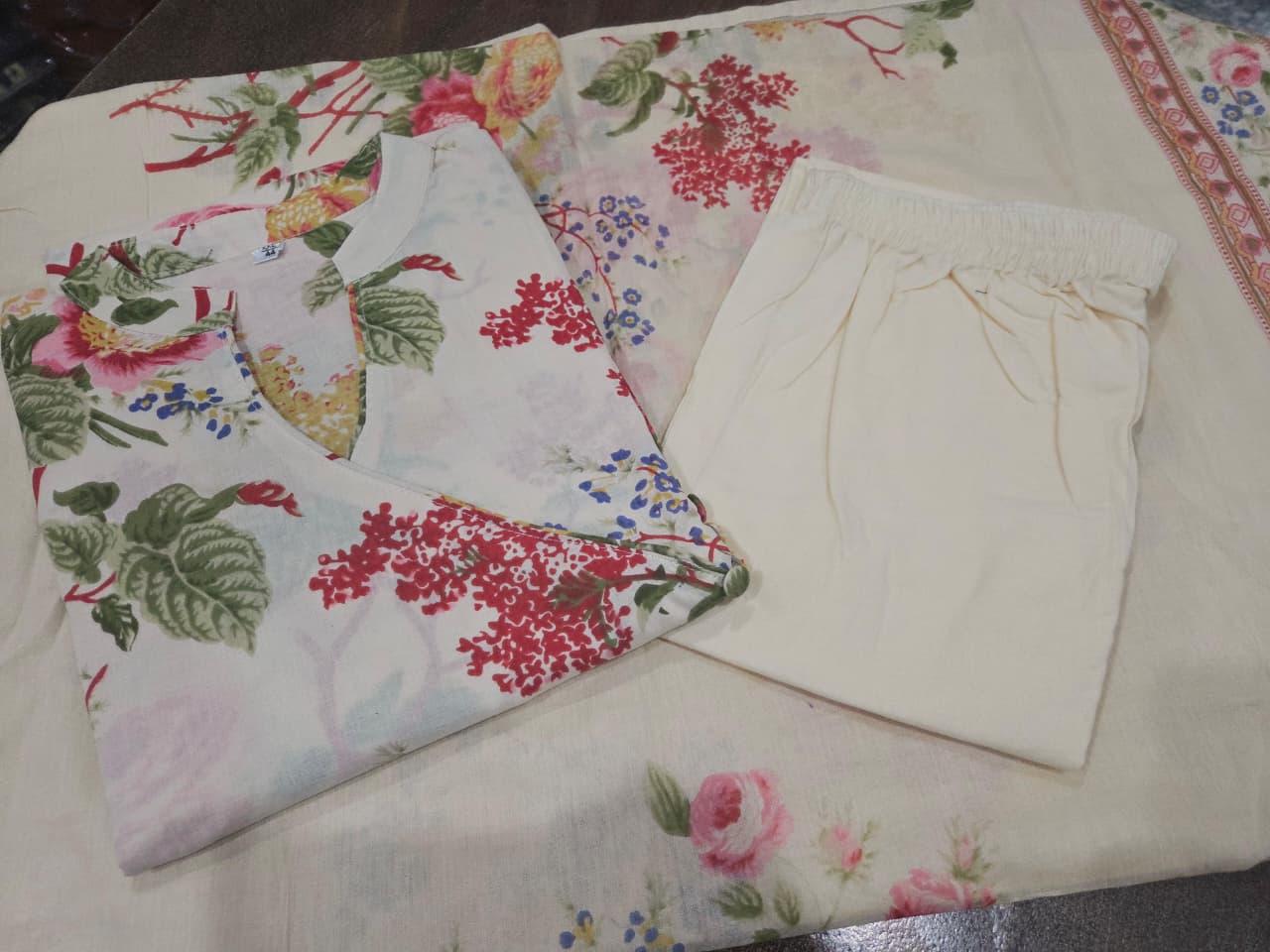 Pure Cotton Floral Printed Kurta Pant Set with Mulmul Dupatta for Women